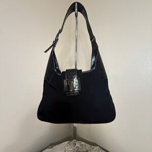 Salvatore Ferragamo Black Nylon Crocodile Trim Shoulder Bag